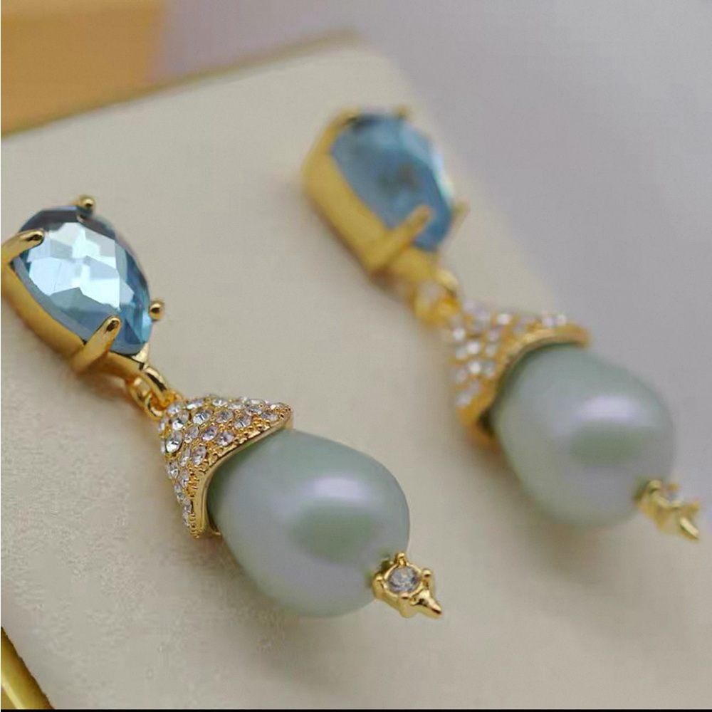 Alexis Bittar Gold Drop Earrings with Blue Stones and Mint Pearls - Picture 3 of 4